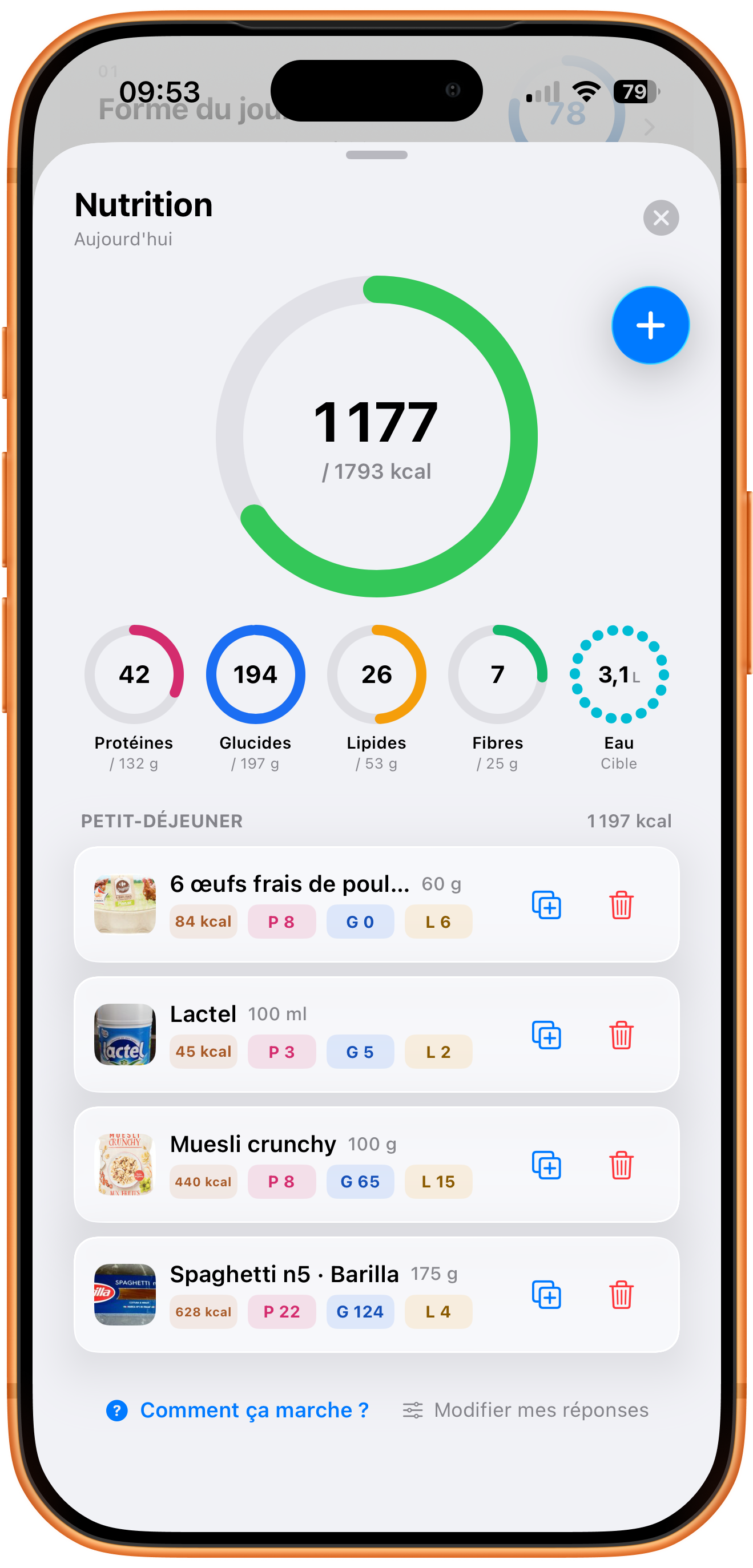 Page Nutrition de l'application